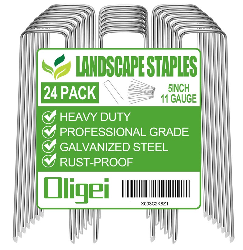 Oligei 24 Pack Garden Stakes  U-Shaped Tent Stakes  Galvanized Landscape Staples  Ground Stakes  for Landscaping Securing Weed Barrier Fabric  Irrigation Tubing  Holding Fence  Tarpaulin - Image 1